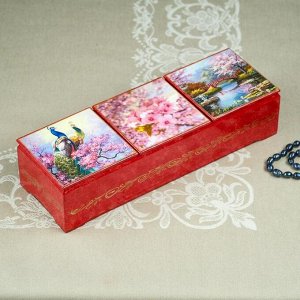 Шкатулка тройная «Сакура», розовая,  лаковая миниатюра