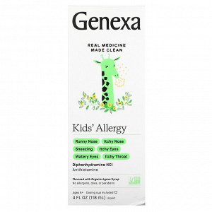 Genexa, Kid&#039;s Allergy, средство с антигистаминным действием, для детей от 6 лет, с сиропом органической агавы, 118 мл (4 жидк. унции)