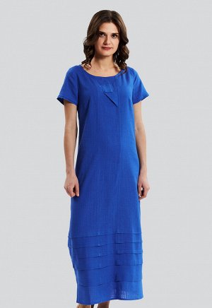 2084 синий Универсальное прямое длинное платье из льна, с коротким рукавом и круглым вырезом, российского производства бренда Dimma. Широкий размерный ряд, в том числе большие размеры. Разрезы по бока