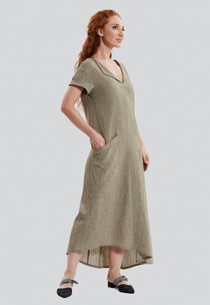 2072 хаки Оригинальное длинное льняное платье с V - образным вырезом, с коротким рукавом и ассиметричным низом, российского производства бренда Dimma. Широкий размерный ряд, в том числе большие размер