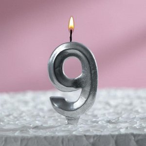 Свеча в торт "Грань", цифра "9", серебряный металлик