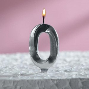 Свеча в торт "Грань", цифра "0", серебряный металлик