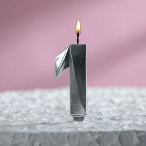 Свеча в торт "Грань", цифра "1", серебряный металлик