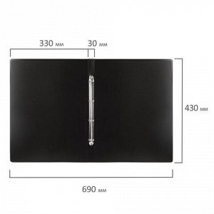 Папка на 4 кольцах БОЛЬШОГО ФОРМАТА А3, ВЕРТИКАЛЬНАЯ, 30 мм, черная, 0,8 мм, BRAUBERG &quot;Стандарт&quot;, 225766