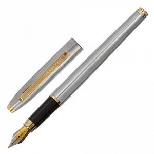 Ручка подарочная перьевая BRAUBERG Brioso, СИНЯЯ, корпус серебристый с золотистыми деталями, линия письма 0,25 мм, 143464