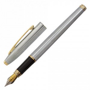 Ручка подарочная перьевая BRAUBERG Brioso, СИНЯЯ, корпус серебристый с золотистыми деталями, линия письма 0,25 мм, 143464