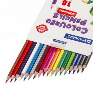 Карандаши цветные BRAUBERG PREMIUM, 18 цветов, шестигранные, грифель 3,3 мм, натуральное дерево, 181657