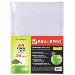 Папки-файлы перфорированные А4 BRAUBERG, комплект 100 шт., гладкие, "Яблоко", 35 мкм