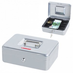 Ящик для денег, ценностей, документов, печатей, BRAUBERG, 90х180х250 мм, с ключевым замком, серебристый, 291059