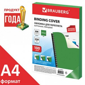 Обложки картонные для переплета, А4, КОМПЛЕКТ 100 шт., глянцевые, 250 г/м2, зеленые, BRAUBERG, 530954