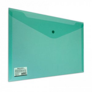 Папка-конверт с кнопкой BRAUBERG, А4, плотная, 180 мкм, до 100 листов, прозрачная, зеленая, 224810