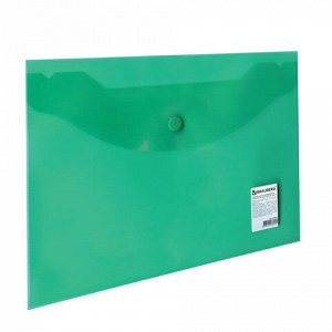 Папка-конверт с кнопкой BRAUBERG, А5, 240х190 мм, 150 мкм, прозрачная, зеленая, 224025