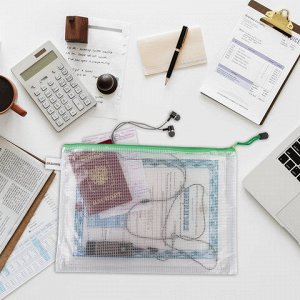 Папка-конверт на молнии А4 (335х243 мм), молния ассорти, ПВХ, сетка, прозрачная, 0,2 мм, BRAUBERG "Segment", 223886