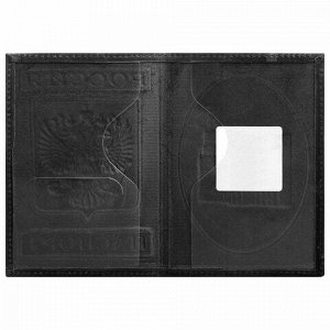Обложка для паспорта натуральная кожа гладкая, "Герб", вертикальная, черная, BRAUBERG, 237189