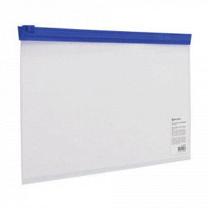Папка-конверт на молнии BRAUBERG, 250х135 мм, прозрачная, молния синяя, 226032