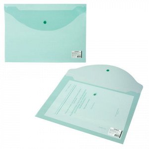 Папка-конверт с кнопкой STAFF, А4, до 100 листов, прозрачная, зеленая, 0,12 мм, 225171