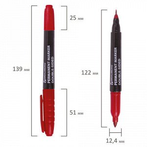 Маркер перманентный (нестираемый) двусторонний BRAUBERG "Double", КРАСНЫЙ, наконечники 0,8/3 мм, 151637