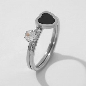 Кольцо "Символ любви" сердечко, цвет чёрно-белый в серебре, размер 16