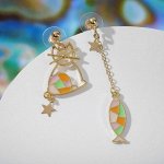 Серьги эмаль &quot;Ночь&quot; кот и рыбка, цветные в золоте
