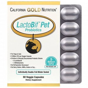 Пробиотики California Gold Nutrition, Пробиотики LactoBif Pet, 5 миллиардов КОЕ, 60 овощных капсул. Для собак и кошек. Lactobif Pet содержат тщательно подобранные пробиотки, которые были клинически из