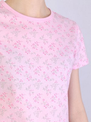 Розовая домашняя футболка с цветочным принтом женская (50422)