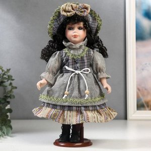 Кукла коллекционная керамика "Брюнетка с кудрями в серо-синем наряде" 30 см