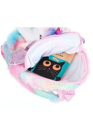 Рюкзак для девочки плюшевый, игрушка белый единорог с фиолетовыми крыльями, розовый
