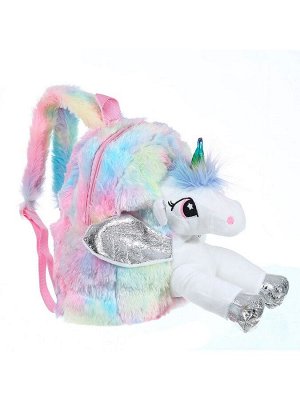 Рюкзак для девочки плюшевый, игрушка белый единорог с серебряными крыльями, розовый