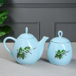Набор чайный "Петелька", 2 предмета, голубой, цветы, 1.3/0.8 л, деколь микс