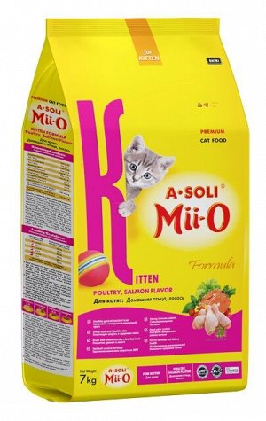 A-SOLI Mii-O для котят Премиум Домашняя птица, лосось 7кг (35 пакетиков по 200г в мешке)