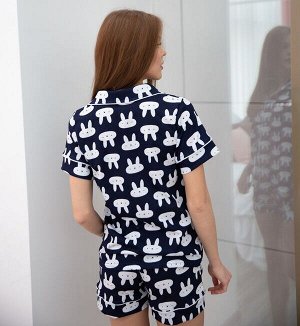 Пижама с коротким рукавом и шортами темно-синяя кролики
