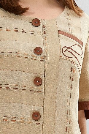 Блузка Рост: 164 см. Состав ткани: лен80%пэ20% Блуза прямого силуэта с округлым вырезом и вышивкой на кармане выполнена из льна-мешковины в сочетании с перфорированной эко кожей. Перед с центральной з