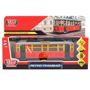 TRAMMC1-17SL-RD Модель металл свет-звук ТРАМВАЙ РЕТРО 17 см, двери, инерц, красн, в кор. Технопарк в кор.2*36шт