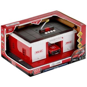 GARAGE-22SL1XCAR-FIR Игрушка пластик свет-звук ПОЖАРНАЯ ЧАСТЬ 22 см, ворота, LADA 4x4, кор. Технопарк в кор.2*18шт