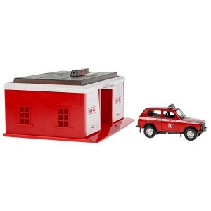 GARAGE-22SL1XCAR-FIR Игрушка пластик свет-звук ПОЖАРНАЯ ЧАСТЬ 22 см, ворота, LADA 4x4, кор. Технопарк в кор.2*18шт