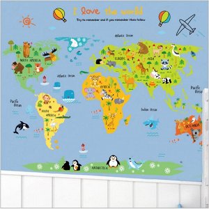 Наклейка многоразовая "Карта мира с Животными" 88x110 см (1092)