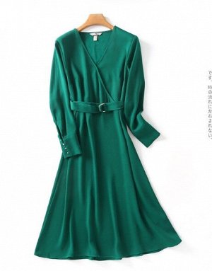 Женское платье с V-образным вырезом, длинный рукав, цвет зеленый