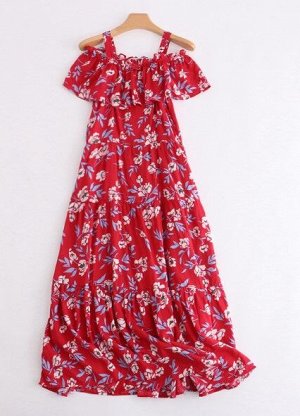 Женское длинное платье с открытыми плечами, принт "Цветы", цвет красный