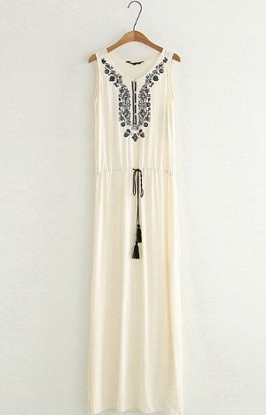 Женское длинное платье без рукавов, принт "Узоры", пуговицы на вороте, цвет бежевый