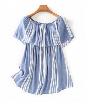 Женское платье в полоску, с открытыми плечами, цвет светло-синий/белый