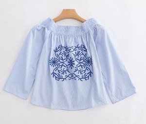 Женская блуза с открытыми плечами, принт "Узоры", цвет голубой