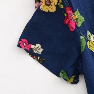 Женский комбинезон с V-образным вырезом, короткий рукав, принт "Цветы", цвет синий