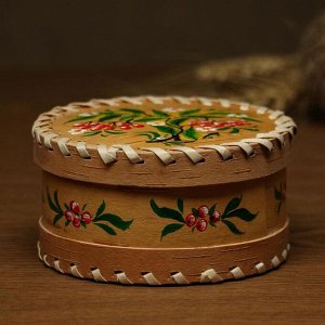 Шкатулка "Рябинка" ,D=10 см, роспись, береста