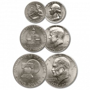 США 25 50 Центов 1 Доллар 1976 год UNC KM# 204, 205, 206 200 лет Независимости Набор из 3 монет