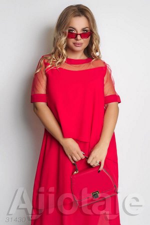 Красное платье миди с прозрачными рукавами