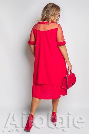 Красное платье миди с прозрачными рукавами