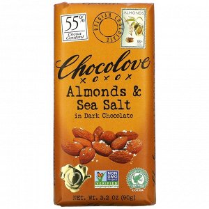 Шоколад Chocolove, Темный шоколад с миндалем и морской солью, 3,2 унции (90 г). Содержание какао 55%.  Любовное послание под обёрткой. Темный шоколад, цельный обжаренный миндаль и морская соль. Сначал