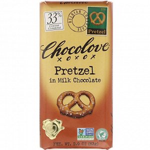 Шоколад Chocolove, Крендели в молочном шоколаде, 2,9 унции (83 г). 33% Cocoa.
Кто бы мог подумать, что шоколад с крендельками — это так вкусно! Контраст вкуса хрустящей крошки соленых крендельков и сл