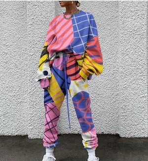 Женский костюм (свитшот и брюки), принт "Геометрия", цвет синий/розовый/желтый