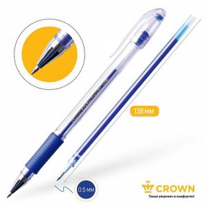 Ручка гелевая Crown HJR-500R, узел 0.5 мм, чернила синие, резиновый упор